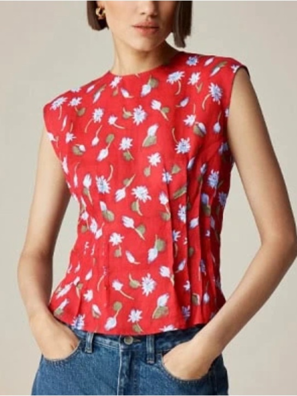 Pintuck shell top in brushed daisy-print ramie